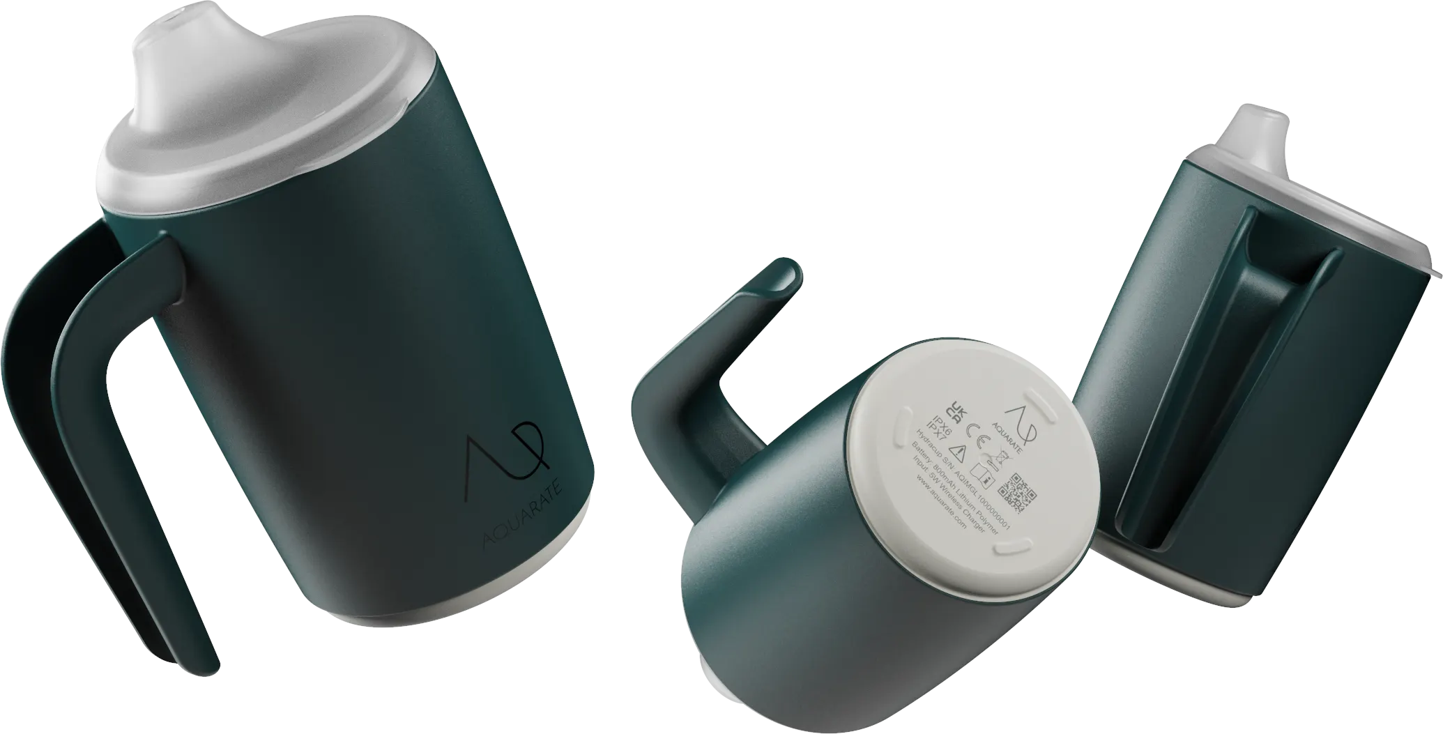 Three Aquarate hydration cups, shown upright, tilted and inverted