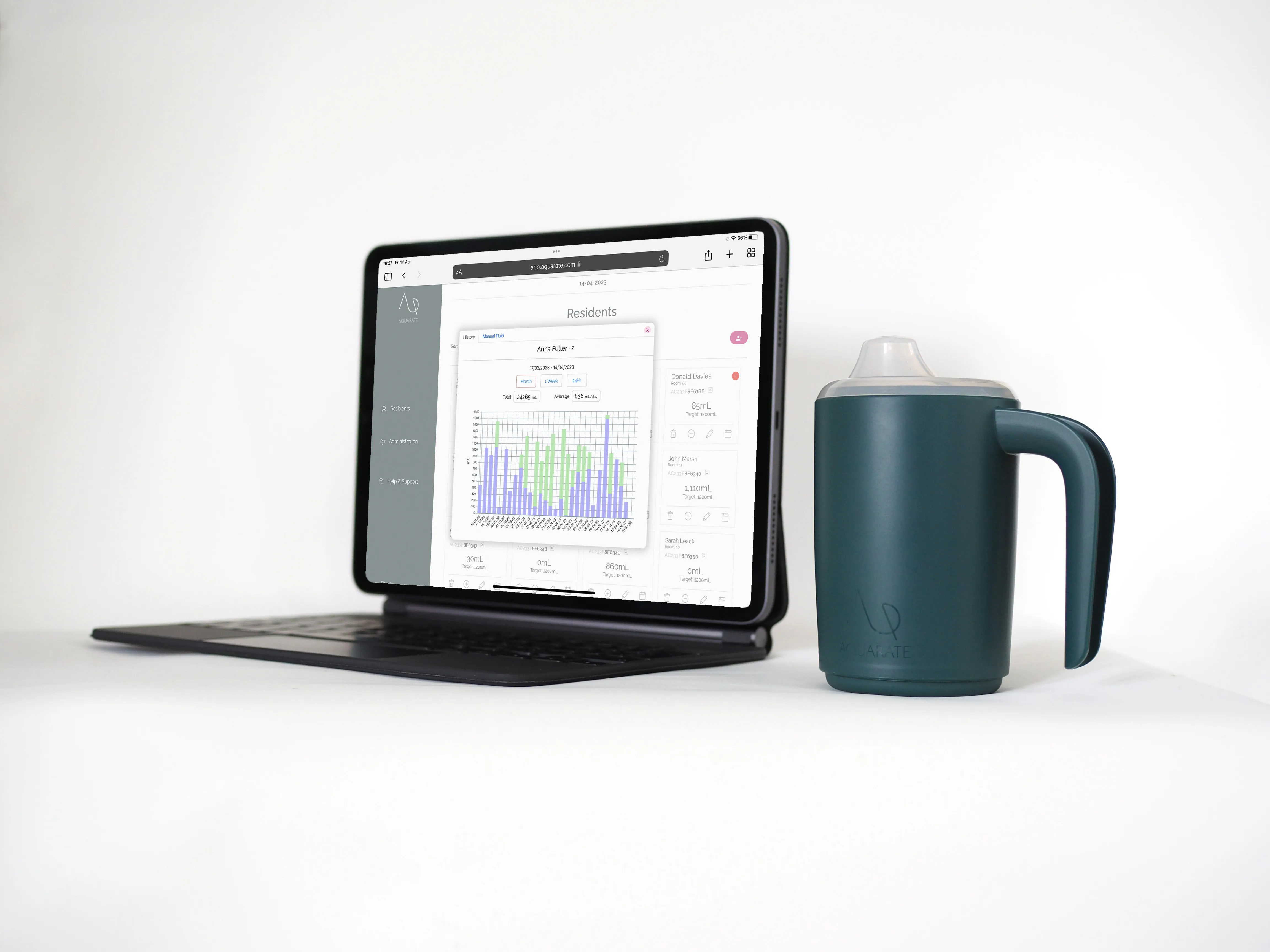 The Aquarate cup standing beside a tablet showing the fluid-tracking dashboard that care home staff use.